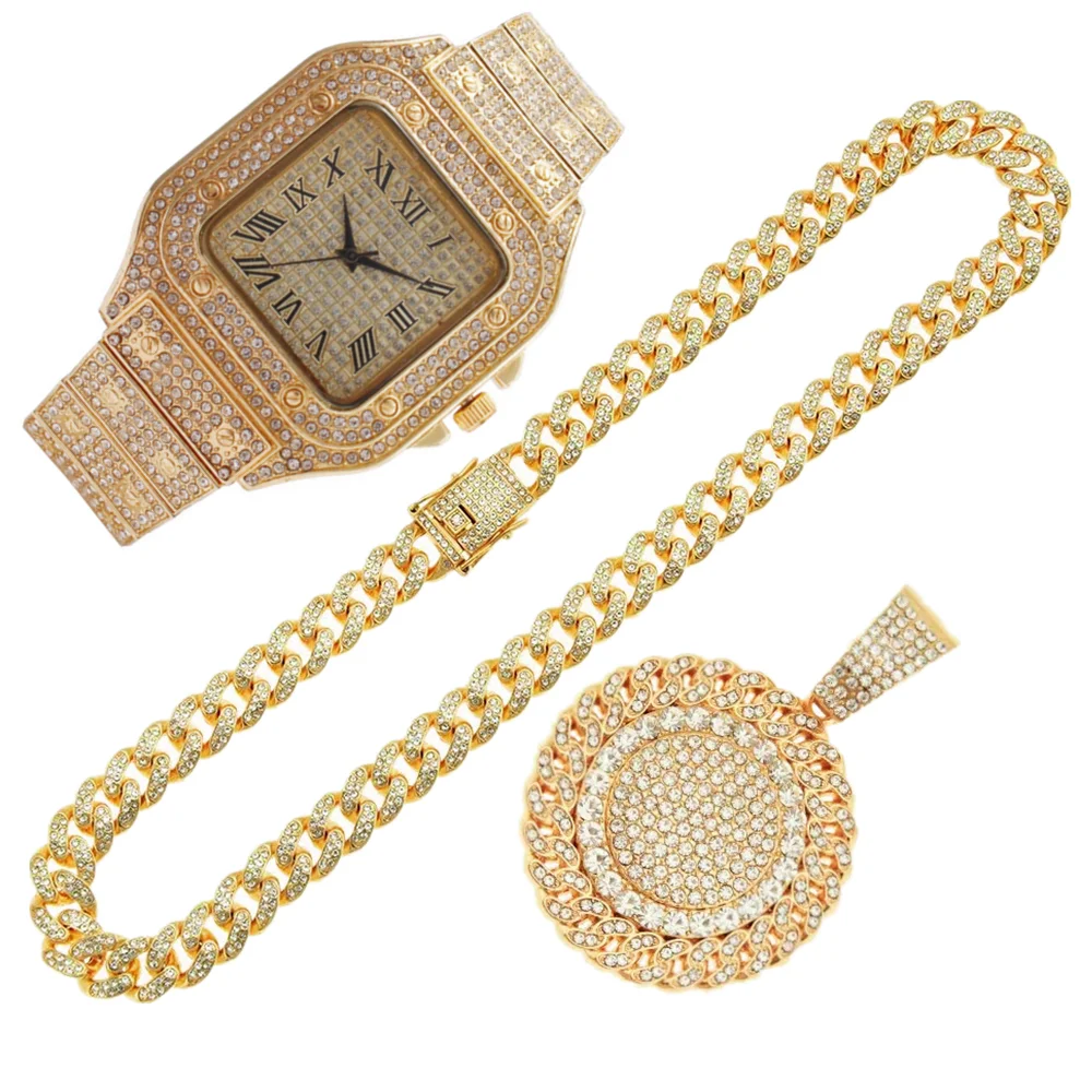 Luxury Watch Miami - 2個セット アイスアウト腕時計 ネックレスペンダント ラインストーン 13MM マイアミキューバンチェーン