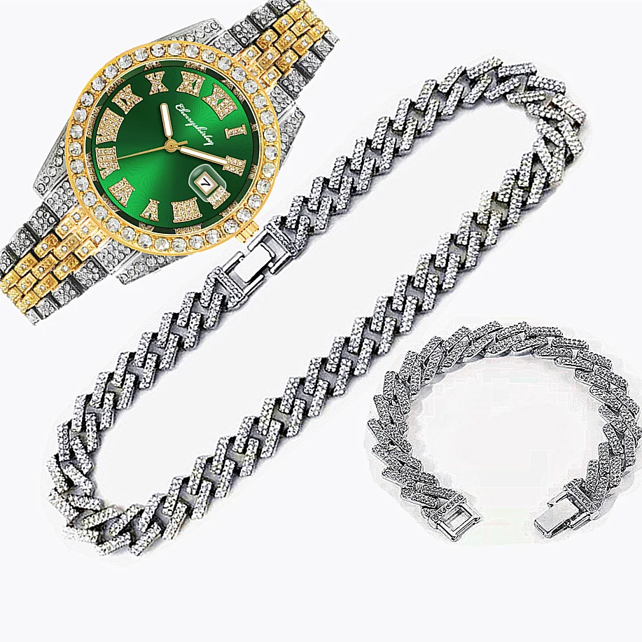 Luxury Watch Miami - メンズ向け高級アイスアウト腕時計3個セット、ヒップホップマイアミブリンキューバンチェーン、15mmビッグゴールドチェーンネックレス、メンズジュエリーセット、時計（Relojes）