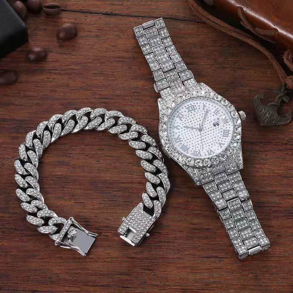 Luxury Watch Miami - 新作ゴールドカラー腕時計＆ブレスレットコンボセット アイスアウト マイアミキューバンリンクチェーン ラグジュアリーヒップホップジュエリーセット メンズ レディース