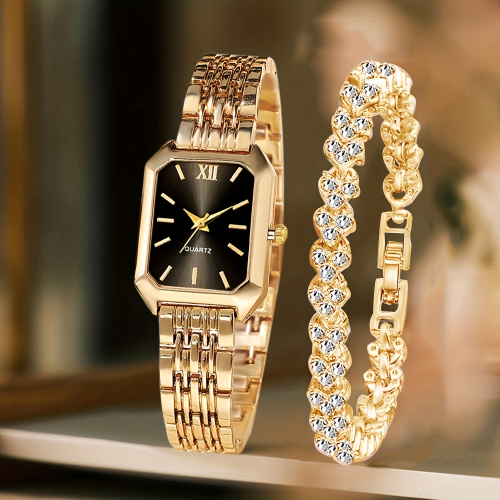 Luxury Watch Cartier - 2 個ファッション長方形女性クォーツ時計ラインストーンブレスレットセットローマダイヤルレディース腕時計ガールズ時計リロイ Mujer