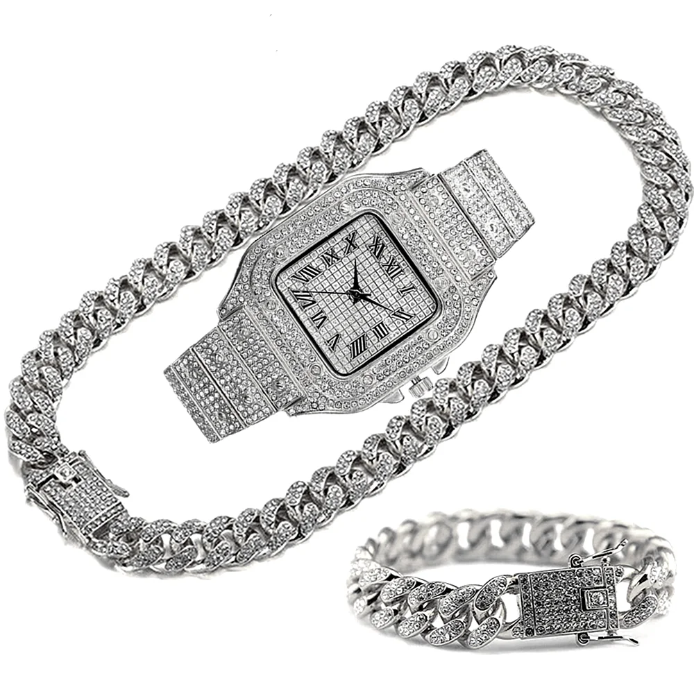 Luxury Watch Miami - メンズ・レディース向け高級アイスアウトチェーン、ヒップホップ、マイアミ、ブリンブリン、キューバン、ビッグゴールドネックレス、アイスアウトウォッチ、ブレスレット、ラインストーンジュエリー