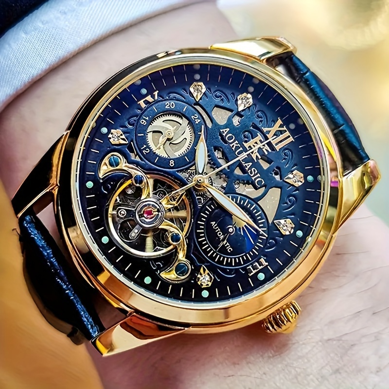 Luxury Watch Value - ダイヤモンドをあしらった、高い美的価値、軽い高級感、ファッショナブル、ビジネスカジュアル、多用途、スタイリッシュ、夜光付き、ムーンフェイズ、防水、電池不要の男性用大型トゥールビヨン全自動機械式時計です。 彼への最高の贈り物