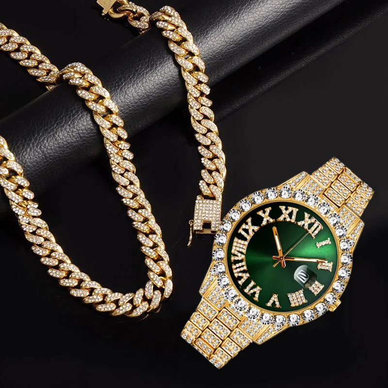 Luxury Watch Miami - クォーツ高級ゴールドシルバーメンズ腕時計、フルアイスアウトウォッチ、メンズブリンブリンマイアミキューバンチェーン、ラインストーンブレスレットネックレスジュエリーセット