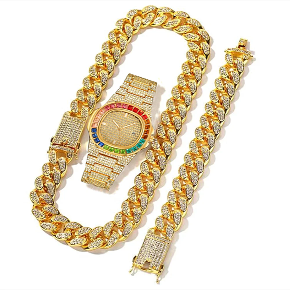 Luxury Watch Miami - 3点セット腕時計+ネックレス+ブレスレット 高級アイスアウトウォッチ メンズ ヒップホップ マイアミ ブリンブリン