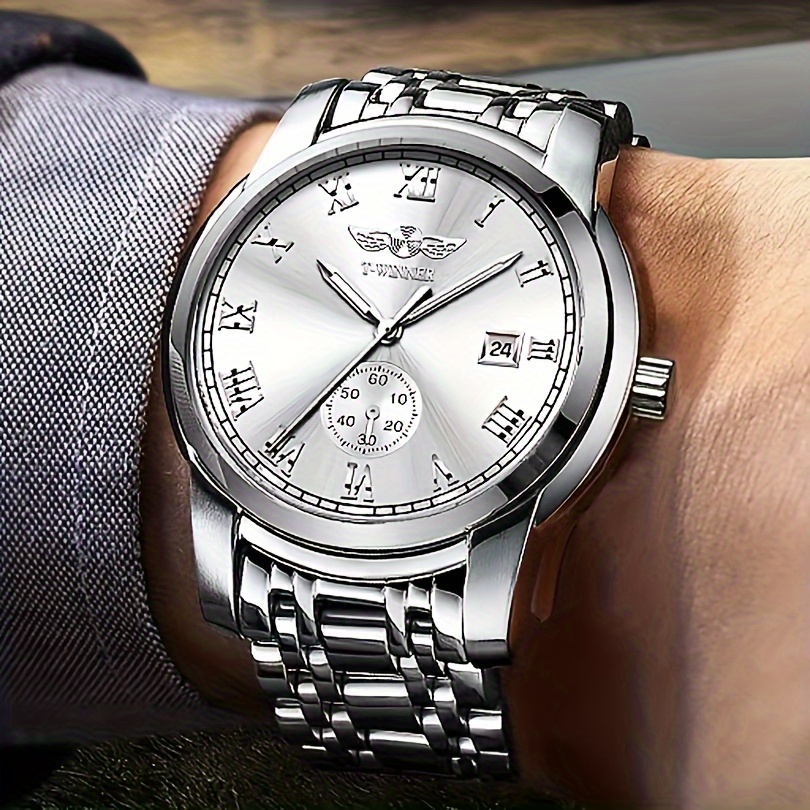 男性用高級機械式時計、スケルトンスチールバンド、カレンダー、 - Luxury Watch Value のレビューと価格