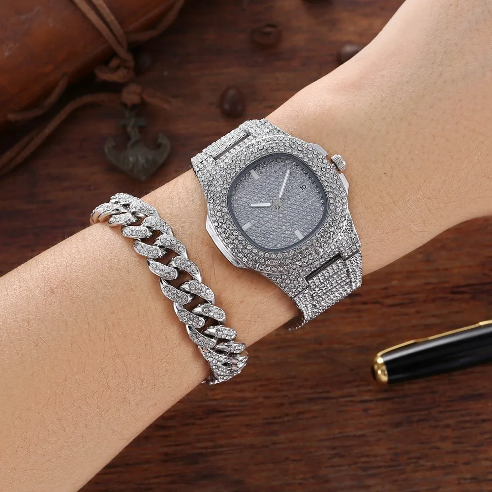 新作ゴールドカラー腕時計＆ブレスレットコンボセット アイスア - Luxury Watch Miami のレビューと価格