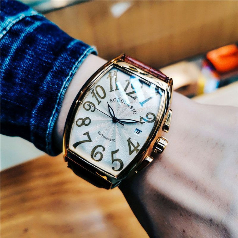 豪華なメンズ機械式時計、樽型スケルトンレザーストラップメンズ - Luxury Watch Value のレビューと価格